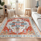 WILLSUN Washable Area Rugs, 5x7 Non-Slip Boho Large Area Rugs for Living Room, Bedroom, Machine Washable Vintage Rug, Indoor Floral Print Carpet for Home Decor, Kid & Pet Friendly Mat