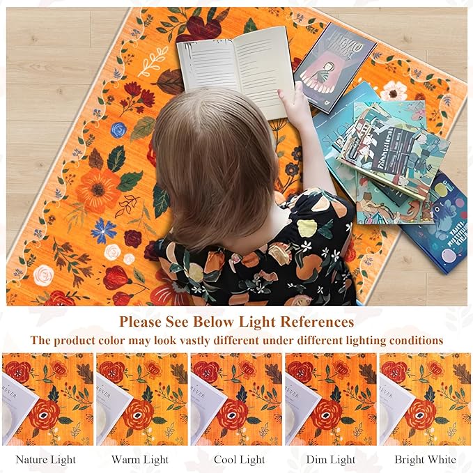 U'Artlines 5x7ft Fall Floral Area Rug, Machine Washable Ultra Soft Low Pile Non Slip Non Shedding Accent Floor Carpet for Living Room, Bedroom, Dining Room, Office (Orange)