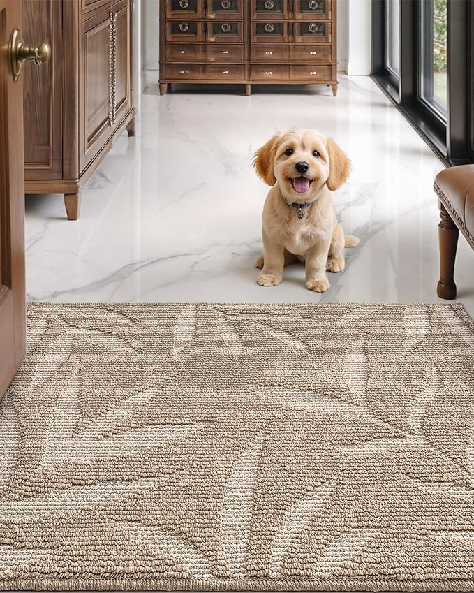 LUMI Front Door Mat Indoor Entrance 24"x36", Low Profile Welcome Mat, Non-Slip Washable Doormat with Rubber Backing for Entrance, Patio, Garage, Beige