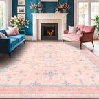 Washable Pink and Blue 8x10 Oushak Rugs for Bedroom Girls Dorm Living Room, Modern Floral Aethestic Distressed Design, Soft Faux Wool Low Pile Non Slip Stain Resistance Carpet
