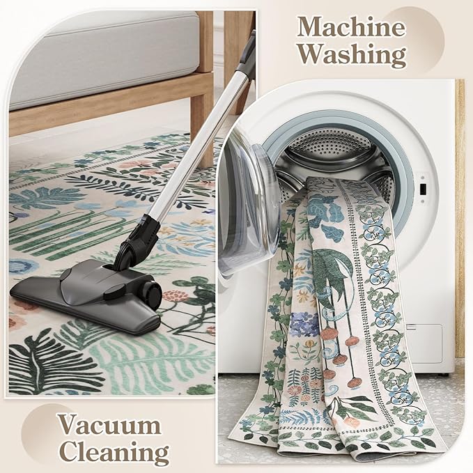Floral Boho Washable Area Rug for Bedroom, Large Botanical Living Room Rugs 8x10, Non Slip Soft Indoor Throw Carpet for Home Office Nursery Dining Room Playroom (Beige,8 x 10)