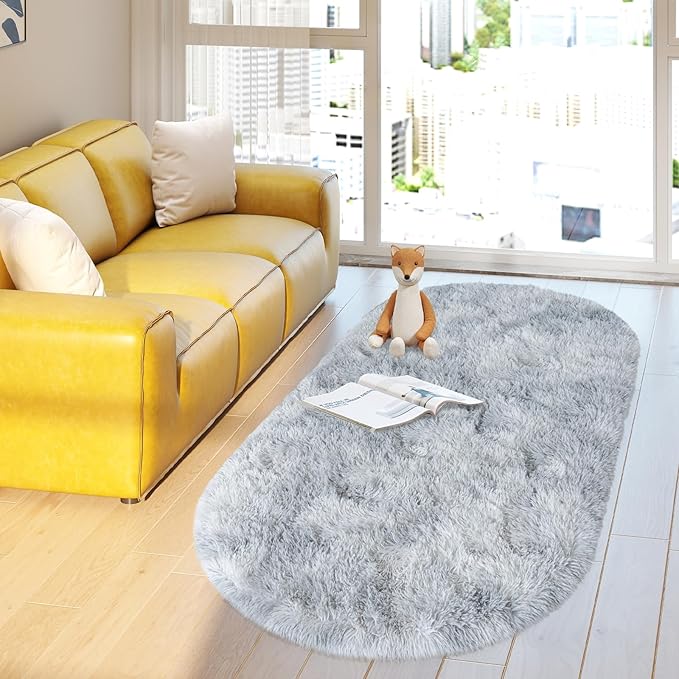 Soft Fluffy Area Rug for Bedroom, Fuzzy Shaggy Oval Throw Rugs for Bedside, Non-Slip Cozy Plush Shag Carpet for Kids Room Nursery Dorm Living Room, Tie-dye Grey, 2.6 x 5.3 Feet, 2 Packs