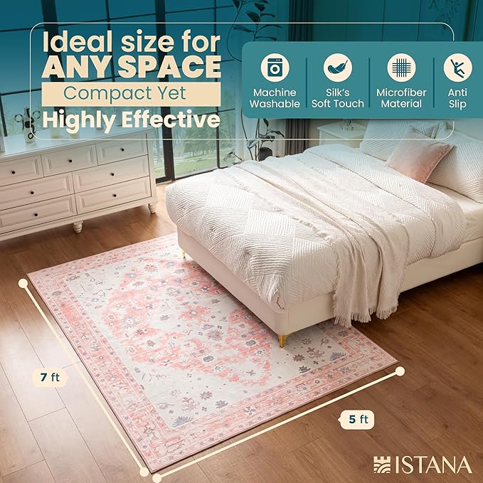 Istana 5x7 Area Rug - Pink Rugs for Living Room 5x7 - Foldable Rugs for Bedroom - Stain Resistant Washable Rug - Eco-Friendly Boho Area Rugs - Easy to Clean Living Room Rug