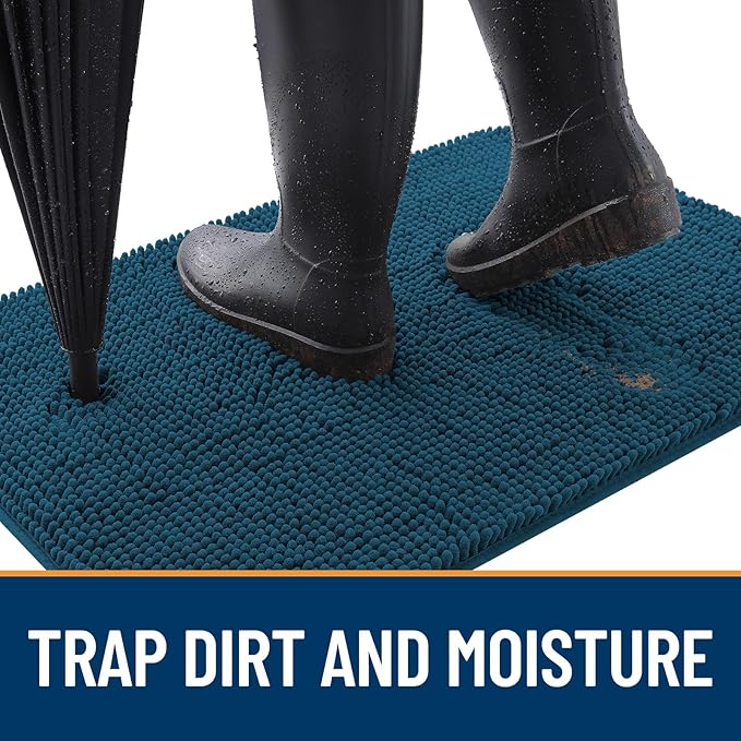 OLANLY Dog Door Mat for Muddy Paws 30x20, Absorbs Moisture and Dirt, Absorbent Non-Slip Washable Doormat, Quick Dry Chenille Mud Mat, Entry Indoor Entryway Carpet for Inside Floor, Atlantic Blue