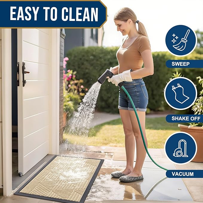 Kitinjoy Front Door Mat Outside Entrance, Sturdy Natural Dirt Trapper, Heavy Duty Rubber Doormat, Low Profile Non-Slip Backing, Easy Clean Floor Mat for Indoor Outdoor Entry, 47X32 Inch, Beige
