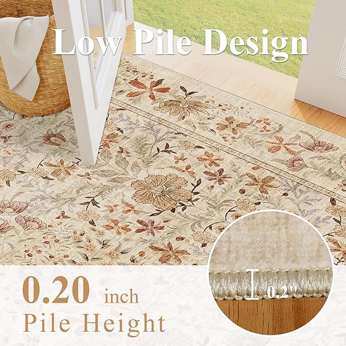 DUKINO 3x5 Area Rug, Vintage Floral Washable Rug for Bedroom with Non Slip Design, Soft Low Pile Indoor Small Carpet for Bedroom, Farmhouse, Living Room, Office, Bathroom, Beige