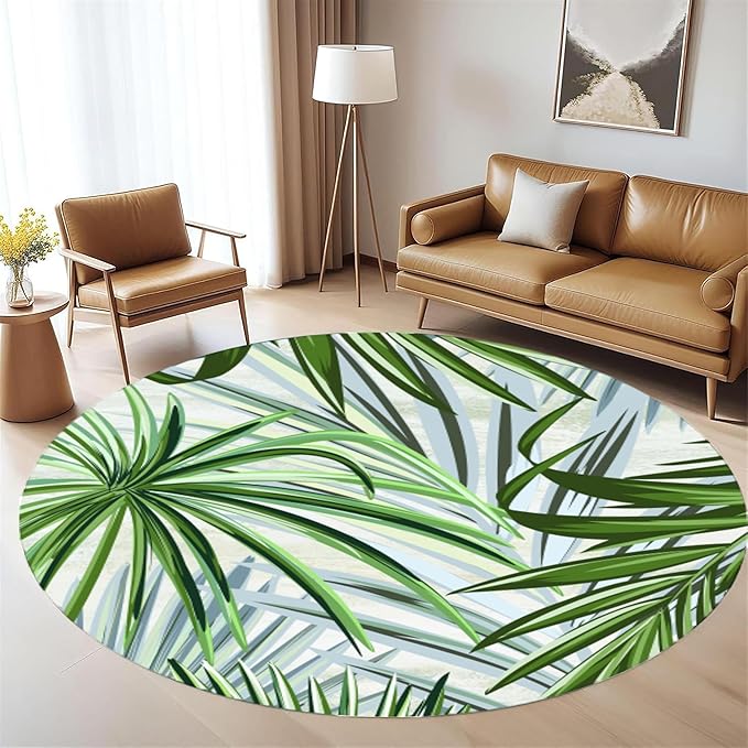 Round Rug 6ft - Pink Tropical Floral with Watercolor Leaves, Non-Slip Low Pile Circle Rug, Bohemian Jungle Turtleback Design for Dining Room Table, Living Room, Bedroom