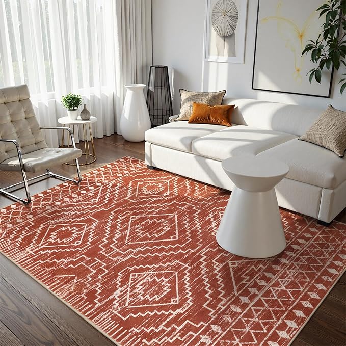 Wonnitar Moroccan 8x10 Area Rugs for Living Room, Washable Large Brown Rug for Bedroom, Non-Slip Soft Thin Stain Resistant Boho Tribal Floor Carpet for Dining Guest Room Office (Brown,8'x10')