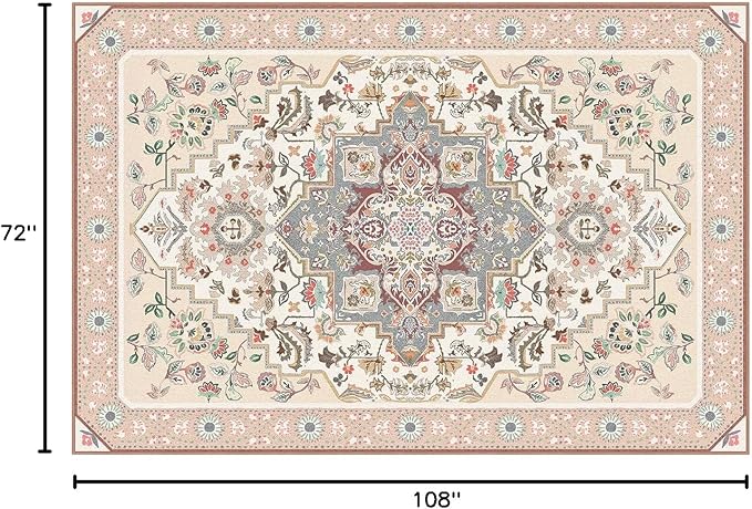 Phantoscope Washable Area Rug 6'x9' Non-Slip, Vintage Boho Rugs for Living Room, Bedroom, Dining Room, Persian Floral Medallion Pattern, Low-Pile Foldable Floor Carpet, Ivory Rose/Fall Bloom