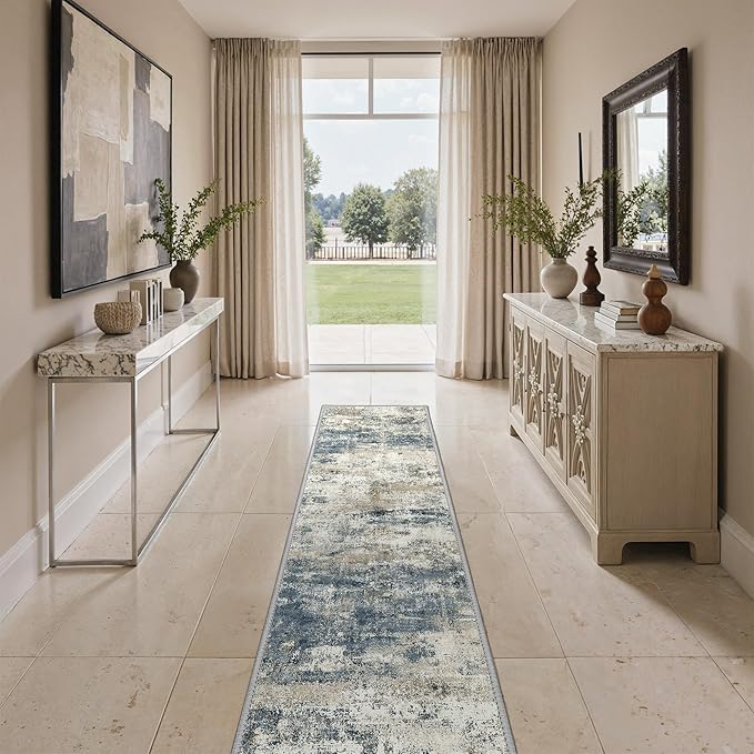 GENIMO Runner Rug Non Slip 2'6"x7', Washable Rug Runner for Hallways Kitchen, Abstract Modern Kitchen Rugs, Low Pile Lightweight Carpet Runners for Entryway, Bedroom, Laundry, Navy Blue