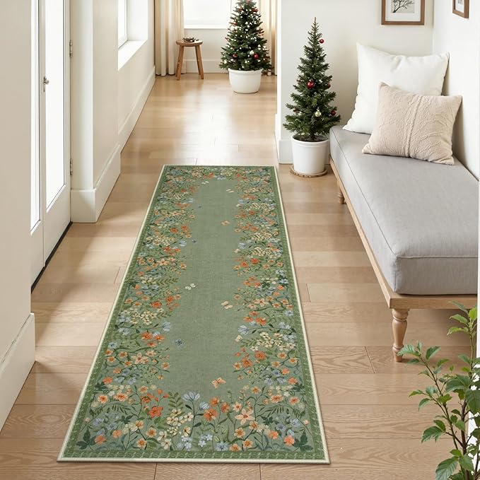 Wonnitar 2x6 Runner Rug for Hallways, Green Floral Bathroom Rugs Non Slip Washable Kitchen Runner, Low Pile Soft Botanical Runner for Girls Bedroom Laundry Room Bedside (Green,2'x6')