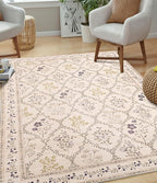 YIHOUSE 8x10 Washable Rug for Living Room, Beige Floral Rugs for Bedroom Boho Area Rug Non Slip Ultra-Thin Large Rug for Kids Playroom, Classroom, Girls Dorm, Nursery, Beige Multi