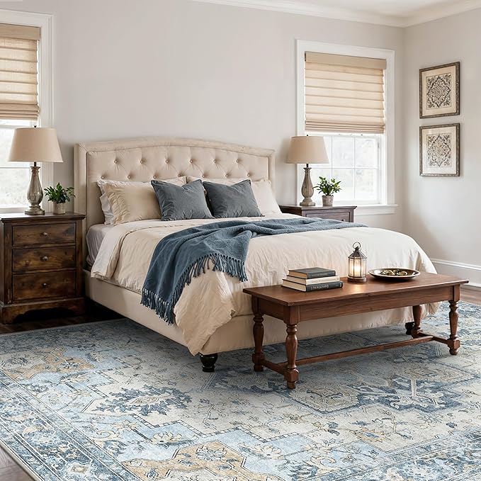 10x14 Area Rugs for Living Room, Machine Washable Rug, Non Slip Vintage Rugs, Low Pile Lightweight Print Rug for Bedroom, Dining Room, Home Office, Blue