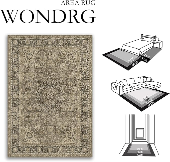 3x4 Washable Brown Area Rug Vintage Entryway Office Carpet Non-Slip Soft Low Pile Distressed Throw Rug for Entrance Living Room Bathroom Dining Room