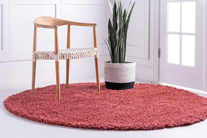 Unique Loom Davos Shag Collection Area Rug - Solid (5' 3" Round, Poppy)