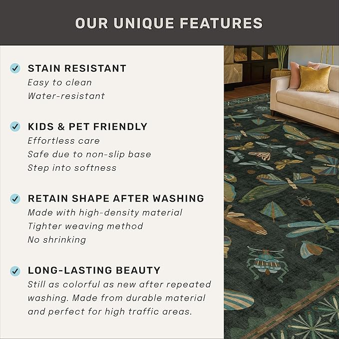 6x9 Dark Green Area Rugs for Dining Room - Rugs for Living Room, Bedroom Under Bed, Insect Moth Floral Non Slip Low Pile Floor Carpet