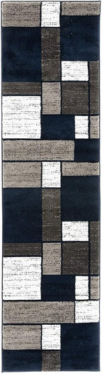 Rugshop Modern Geometric Boxes Navy Area Rug, Carpet with Jute Backing for Hallway, Entryway, or Laundry Room, 2' x 7'2"