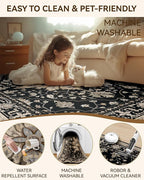 Area Rugs 6ft Washable Non-Slip, Floral Vintage Distress Print Pattern Medallion Carpet for Living Room Bedroom Dining Room, Black Brown Neutral Dark Tan