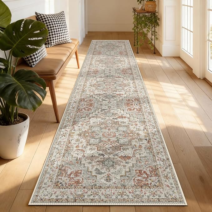 Enkor Runner Rugs for Hallway, 2x10 Washable Soft Boho Non Slip Floor Rugs for Kitchen, Modern Mat for Living Room Bedroom Entryway Beige & Orange