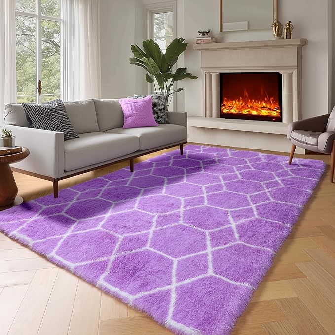 ONASAR Area Rugs for Bedroom Living Room, Washable 4x6 Fluffy Purple and White Throw Rug, Boho Geometric Soft Shaggy Fuzzy Plush Indoor Floor Carpet for Kids Teen Nursery Dorm Home Decor Aesthetic
