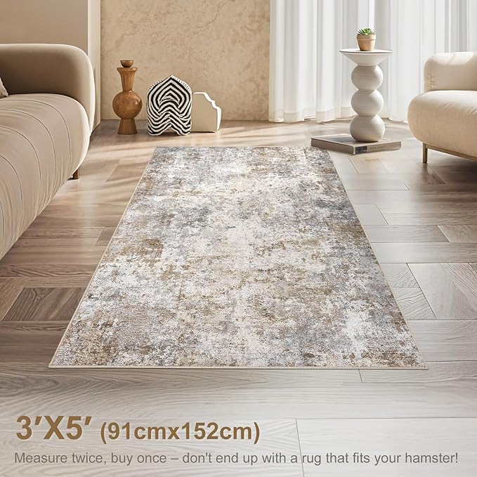 3x5 Area Rug Living Room Rugs - Washable Neutral Modern Abstract Soft Thin Rug Indoor Floor No Slip Rug Carpet for Bedroom Under Dining Table Home Office Decor - Brown Grey