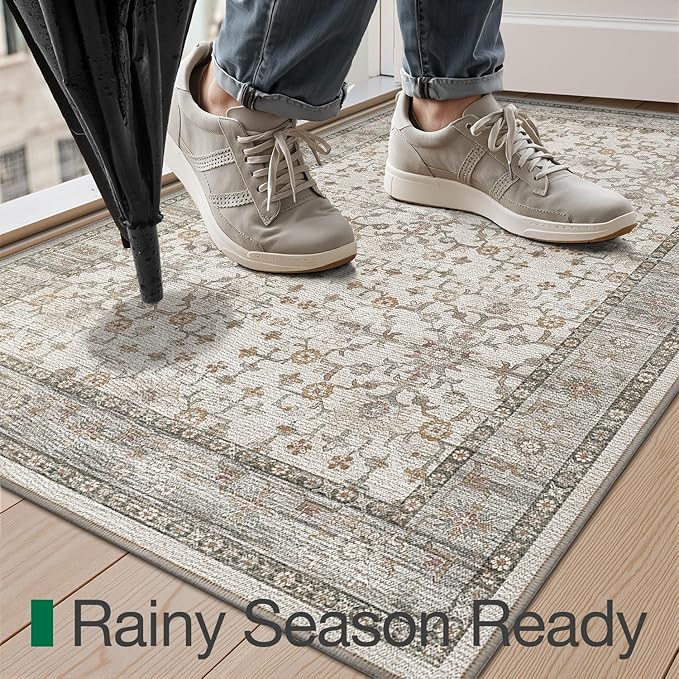 LUMI Indoor Thin Door Mat, 32x47 Washable Small Inside Doormat, Non Slip Low Pile Oriental Floor Carpet, Vintage Distressed Area Rug for Front Door,Entrance,Bedroom, Celadon