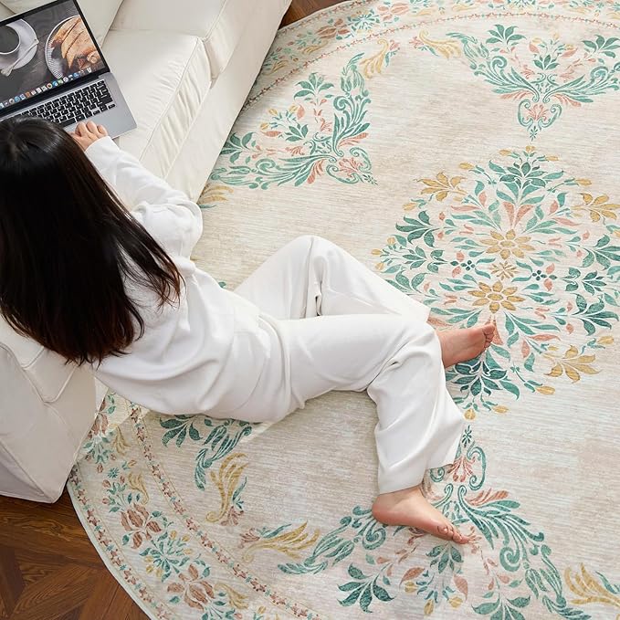 jinchan Round Rug 7ft Area Rug Vintage Floral Distressed Design Machine Washable Soft Non-Slip Low-Pile Ultra-Thin Circle Rug for Living Room Dining Room Bedroom Home Office (7' Round, Apricot Multi)