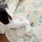 jinchan Round Rug 5ft Area Rugs Vintage Floral Distressed Design, Machine Washable Soft Non-Slip Low-Pile Ultra-Thin Circle Rug for Entryway Living Room Dining Room Bedroom (5' Round, Apricot Multi)