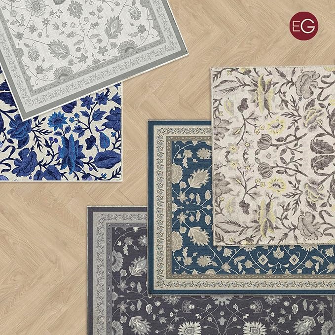 EVERGRACE Area Rugs for Living Room 8x10, Boho Floral Faux Wool Indoor Outdoor Rugs, Washable Rugs for Bedroom Dining Room Entryway Kitchen, Low Pile Floor Mat Carpet for Home Decor, Navy Blue