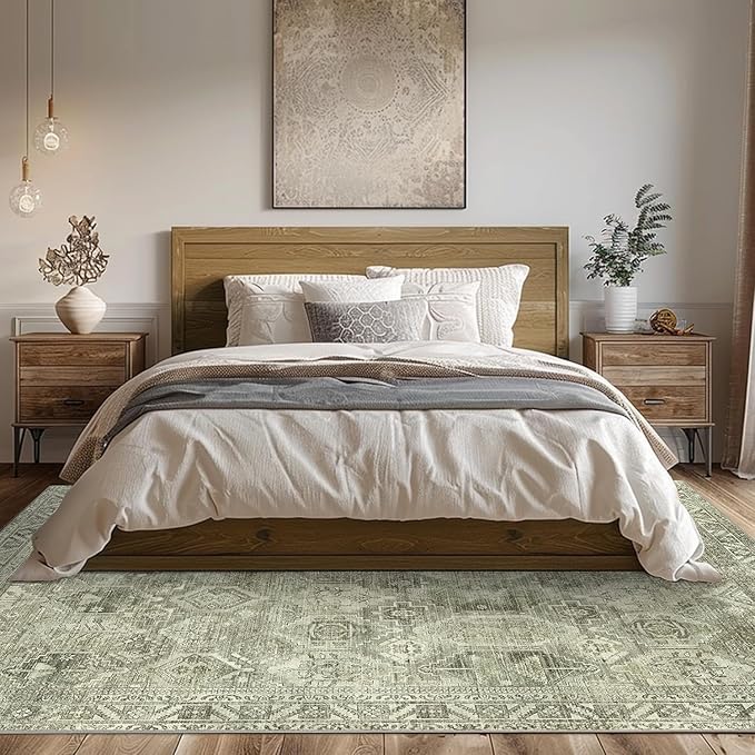 Bavni Area Rug 5x7 Machine Washable Vintage Distressed Print Ultra-Thin Chenille Bedroom Living Room Accent Rug, Low Pile Lightweight Non Slip with Gripper, Forgotten Sandstone