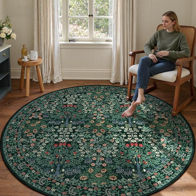 6' Round Area Rug - Floral Vintage Forest Washable Low Pile Non-Slip Carpet for Living Room, Bedroom, Dining Room, Office (Dark Green)
