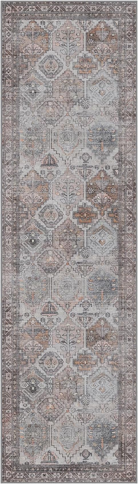 Bavni Kitchen Rug 2x7 Runner Rugs for Hallways Entryway, Washable Vintage Print Carpet, Ultra-Thin Chenille Low Pile Lightweight Rug with Non Slip Backing, Retro Grey