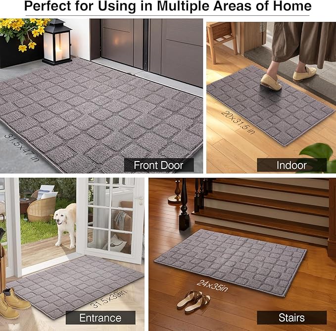 Large Front Door Mat Outside Entrance, Outdoor Indoor Door Mats for Entryway, Entrance, Entry, Patio, Waterproof Non Slip Doormat, Low-Profile, 31.5" × 47“, Grey
