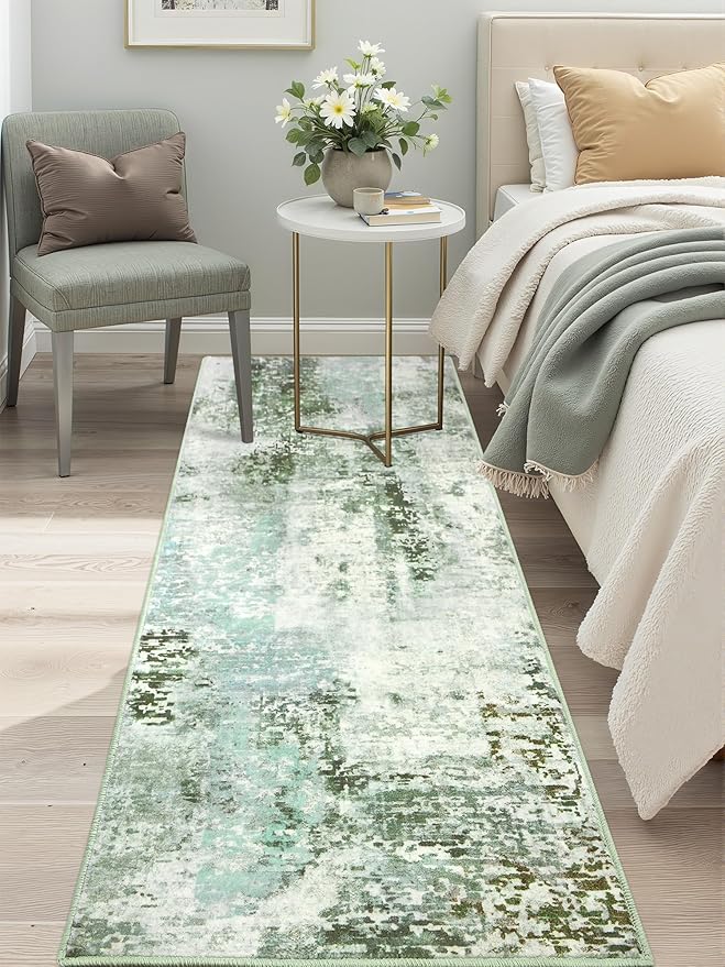 Washable Abstract Runner Rug, 2x6 Modern Area Rugs with Non-Slip Rubber Backed for Kitchen, Thin but Soft Contemporary Carpet Bedroom Entryway Hallway Decor, Green