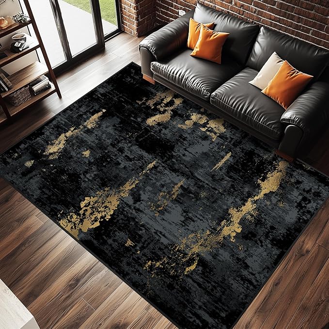 Washable Area Rugs 9'x12' Non-Slip Modern Abstract Soft for Living Room Entryway Bedroom Nursery, Print Pattern, Dark Black Gold