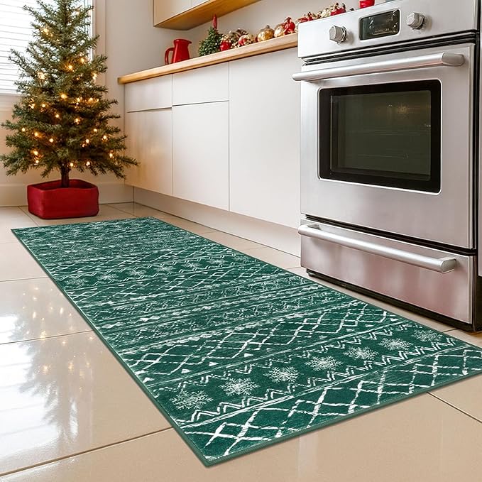 KUTA Christmas Washable Hallway Runner Rug, 2x6 Non-Slip Vintage Boho Rugs Kitchen Runners Green Ultra Soft Distressed Geometric Floor Carpet for Bedroom Laundry Living Room