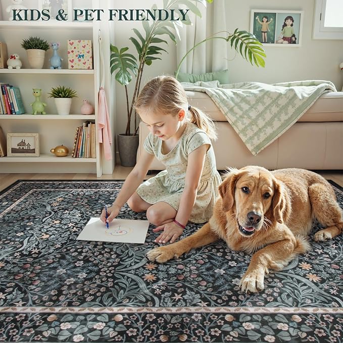 Lahome Floral Entryway Rug, 2x3 Kitchen Rugs Non Slip Washable Boho Black Forest Design, Soft Door Mat Indoor Entrance, Ultra-Thin Easy Clean Small Throw Carpet for Bedroom Bathroom, Black