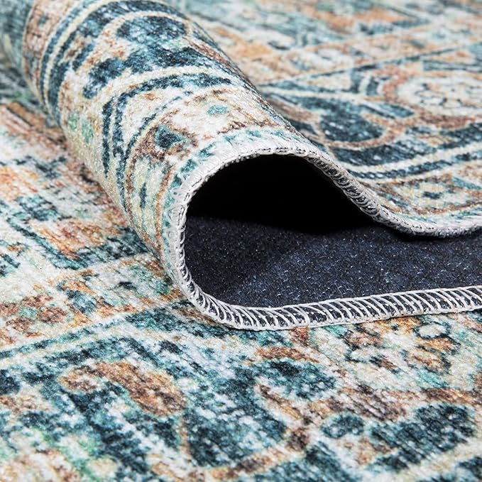 Bloom Rugs Caria Washable Non-Slip 5x7 Rug - Blue Green/Tangerine Traditional Area Rug for Living Room, Bedroom, Dining Room, and Kitchen - Exact Size: 5' x 7'