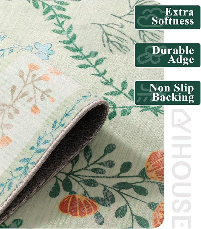 YIHOUSE Green Floral Print Rugs, Moroccan Trellis 10x14 Washable Large Rug, Modern Pastel Non Slip Ultra-Thin Area Rug for Classroom, Nursery Playroom,Dorm,Bedroom,Living Room, Green Multi
