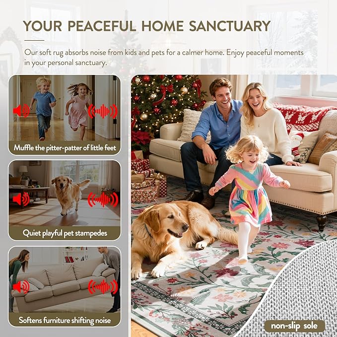 Lahome 5x7 Christmas Rug for Living Room, Boho Soft Rugs for Bedroom Decor Aesthetic, Washable Holly Berries Area Rug for Dining Room Fireplace Apartment Rustic Decor