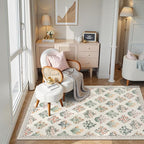 Wonnitar 5x7 Rug for Bedroom Decor, Washable Nursery Rug for Baby, Neutral Ultra-Thin Non Slip Floral Print Carpet for Kids Room Farmhouse Living Room Office, Cream Beige