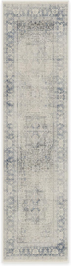 RUGGABLE Washable Vintage Runner Rug – Kamran Blue Quartz 2.5x10, Stain-Resistant, Non-Slip Hallway Runner – Machine Washable Rug for Hallway, Entryway, Living Room & Kitchen–with Standard Pad