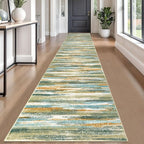 Modern Abstract Runner Rug 2.6x18, Green Mustard Multi Washable Long Kitchen Runner Non-Slip Soft Hallway Rug Runner Thin Print Faux Wool Carpet for Entryway Bedroom Laundry Room Indoor