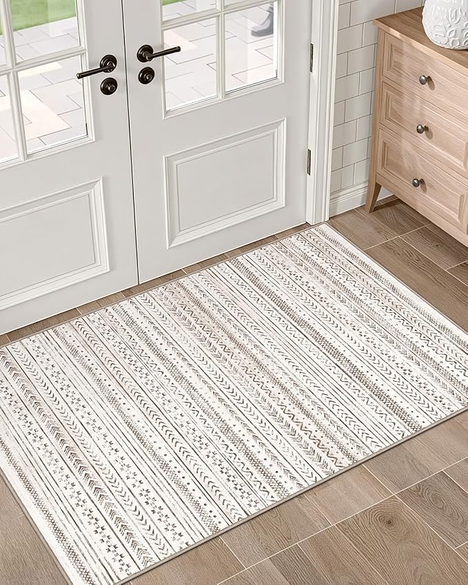LUMI Ultra Thin Door Mat, 18x30 Non Slip Indoor Doormat Entrance Washable Rugs Entryway Oriental Vintage Soft Carpet for Kitchen Bedroom Front Door, White and Brown