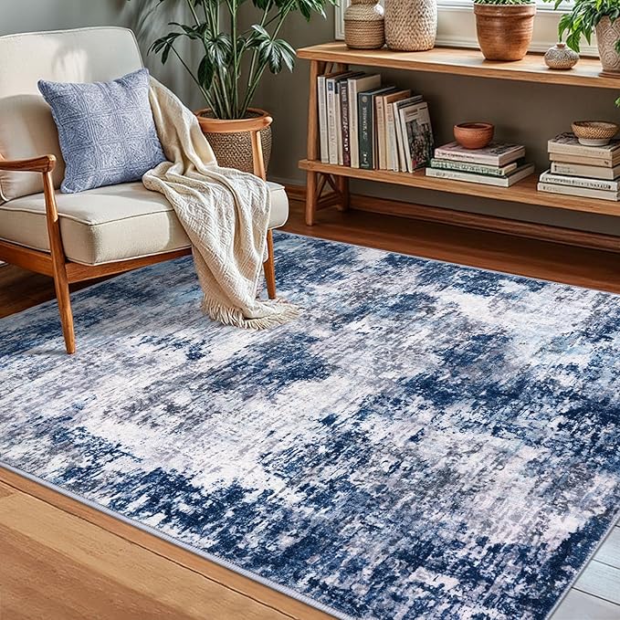 Modern Abstract Small Area Rug Indoor, Grey Navy Blue Multi 3x5 Washable Rug Non-Slip Soft Entryway Rug Kitchen Mats Thin Print Faux Wool Floor Carpet Colorful Throw Rugs for Entrance Bedroom