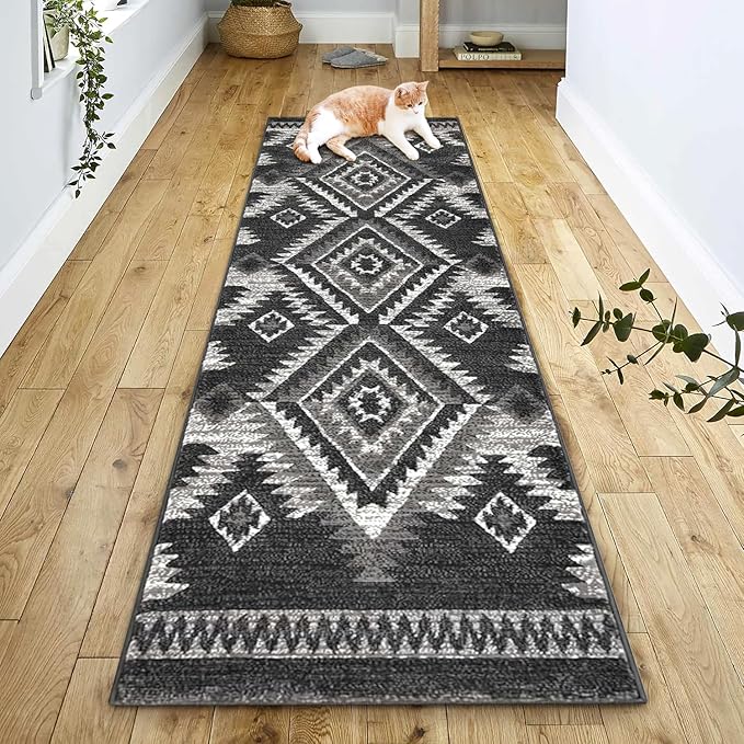YHSF South West Native American Rug Ritz – Native Tribal American Indian Inspired Rug - Living Room, Bedroom, Hallway, Entryway & High-Traffic Area Rugs - Washable - Soft - Dark Grey, 2 Feet x 7 Feet
