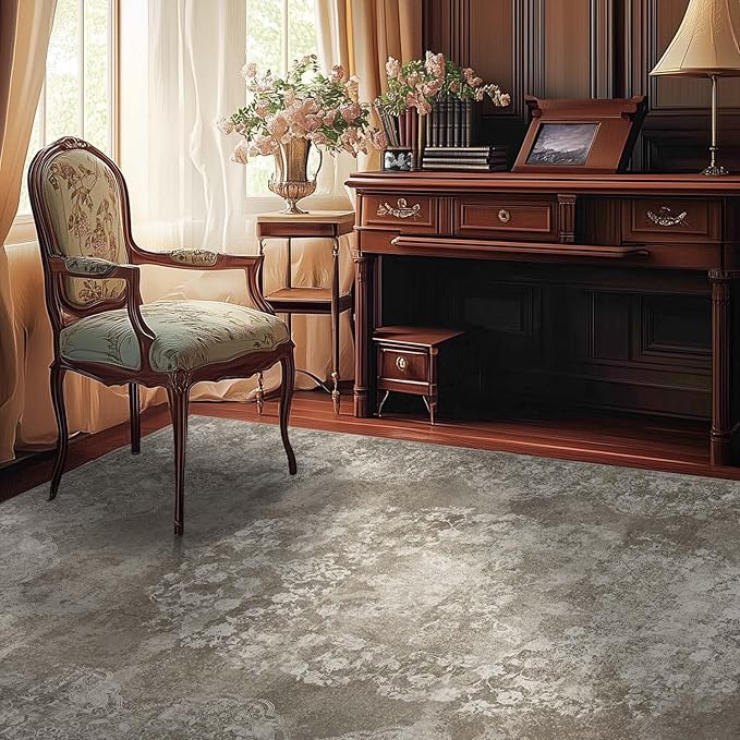 jinchan Washable Area Rug 8x10 for Living Room - Soft Faux Wool Ultra-Thin Stain Resistant Non-Slip Distressed Vintage Floral Large Carpet for Bedroom, Dining Room, Home Office, Nursery(Brown, 8'x10')