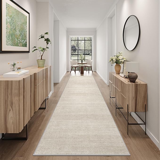 Art&Tuft Non-Slip Runner Rug - 2.5x10 Runner Rug Washable Low-Pile Rugs Runners, Soft Distressed Carpet Runner for Bedroom Bathroom Kitchen Laundry Living Room, Beige
