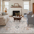 Bavni Washable Rug 8x10 Area Rug for Living Room Bedroom Dining, Washable Vintage Print Carpet, Ultra-Thin Low Pile Lightweight Rug with Non Slip Backing, Light Taupe Brown
