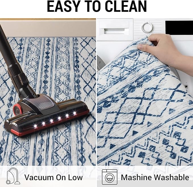 KUTA Moroccan Washable Hallway Runner Rug, 2x8 Non-Slip Vintage Blue White Boho Kitchen Rugs Ultra Soft Print Distressed Geometric Floor Carpet Runners for Bedroom Laundry Living Room